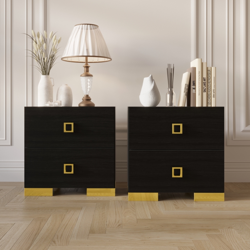 Nightstand Two Drawers Matte Black Finish Gold Legs Modern Glam Style