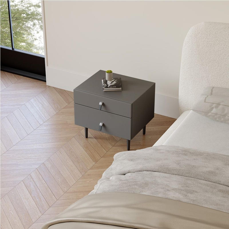 Nightstand Upholstered in Gray Faux Leather with Gold Accents and Metal Legs