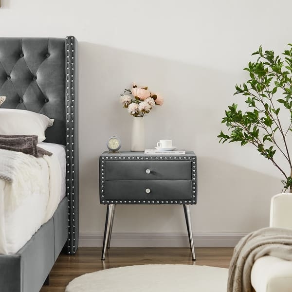 Nightstand, Velvet Upholstered with Button Tufting, Silver Rivet Detail