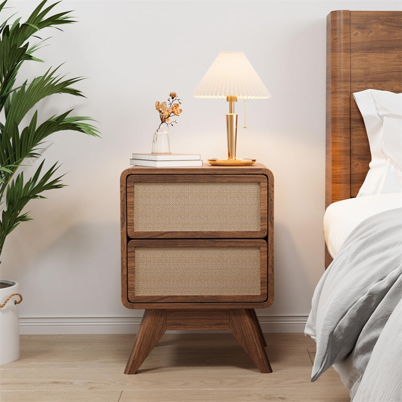 Nightstand Walnut Finish Woven Drawer Front Flared Tapered Legs