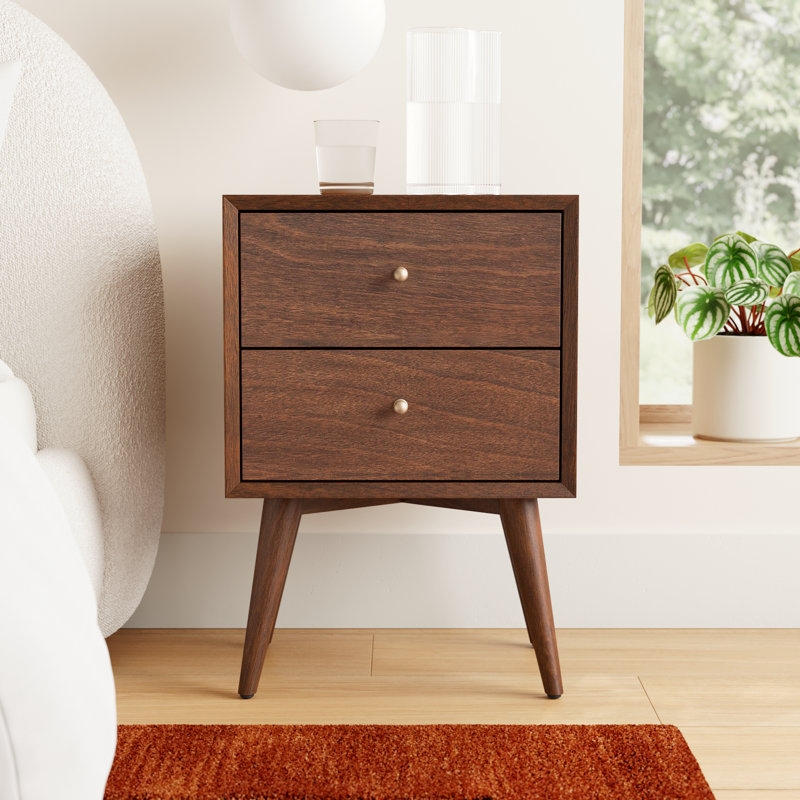 Nightstand Walnut Handleless Drawers Mid-Century Minimalist Style