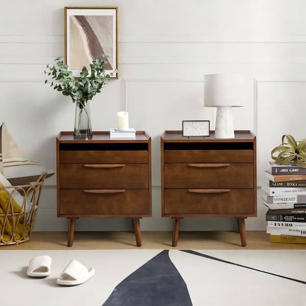 Nightstand Walnut Single Drawer Open Shelf Tapered Legs Round Knob