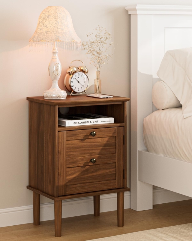 Nightstand Walnut Tone Woven Drawer Open Shelf Mid-Century Boho Decor