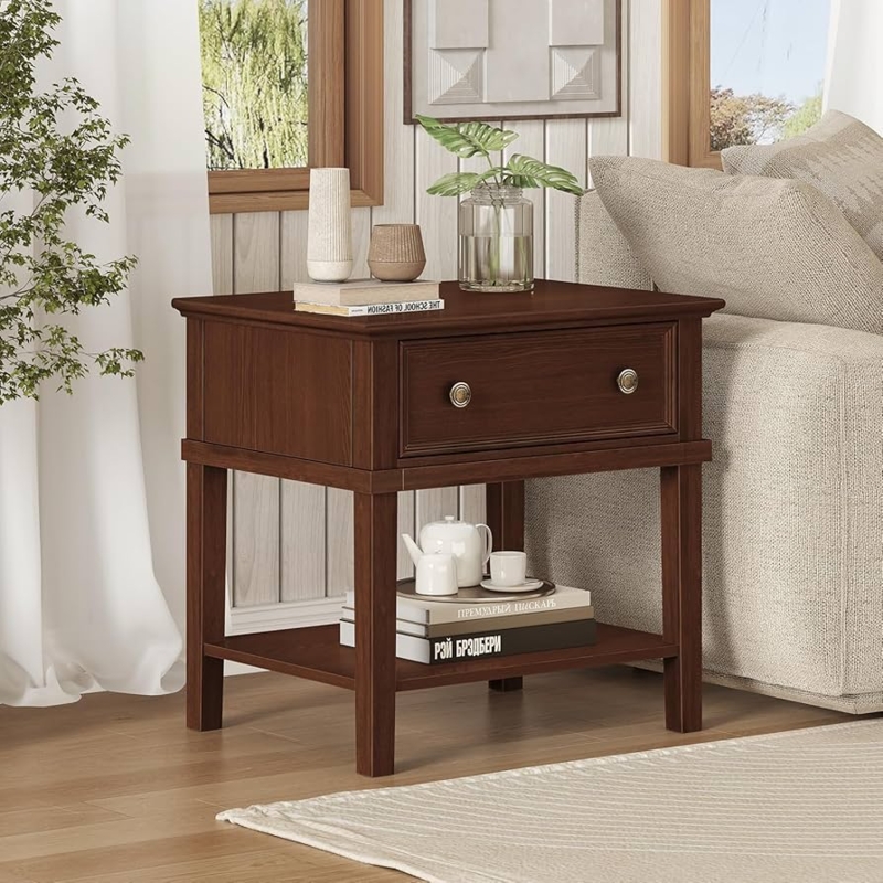 Nightstand Walnut Toned Finish Block Legs Mid-Century Retro