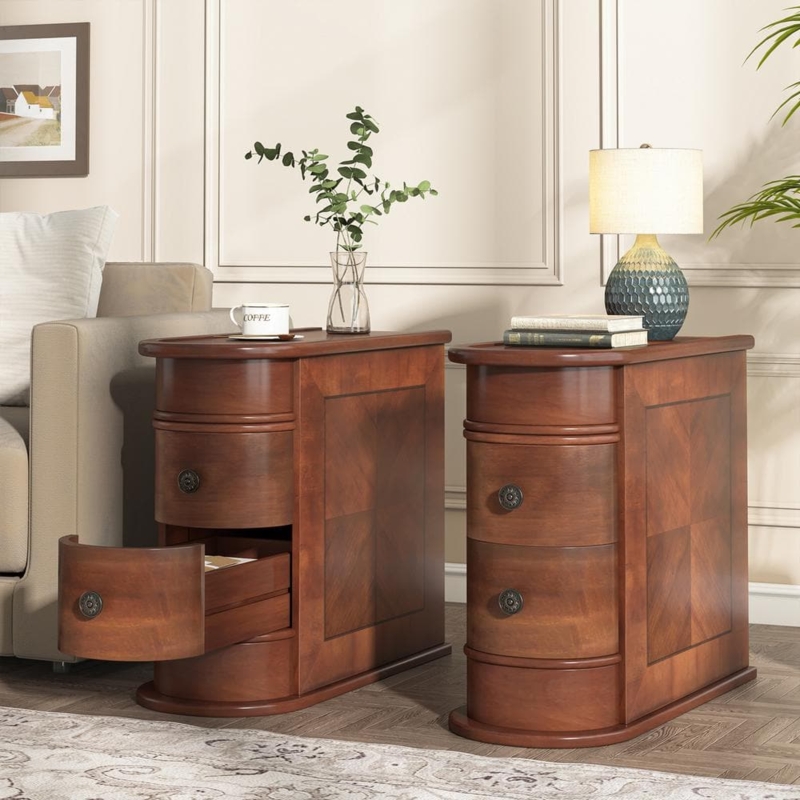 Nightstand Walnut Wood U Shaped Base Open Cubby Two Drawers Mid Century