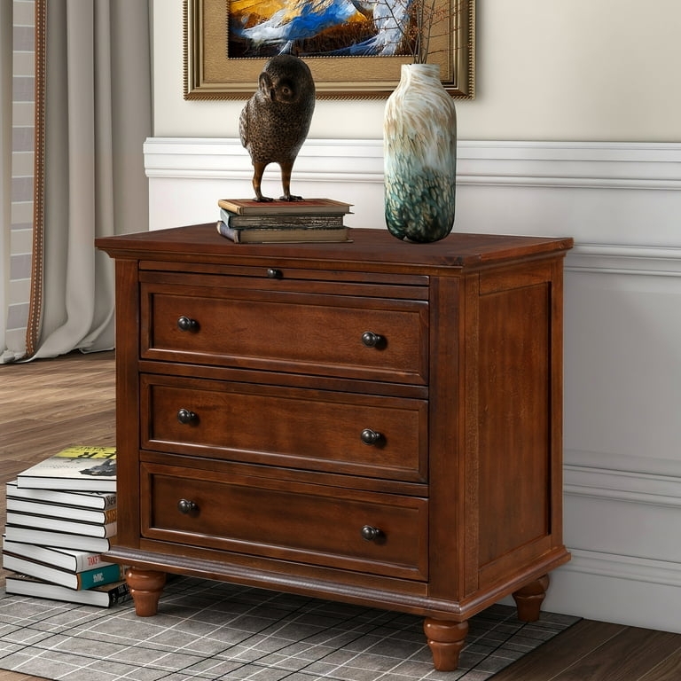 Nightstand Warm Brown Wood Three Drawers with Pull-Out Tray Feature