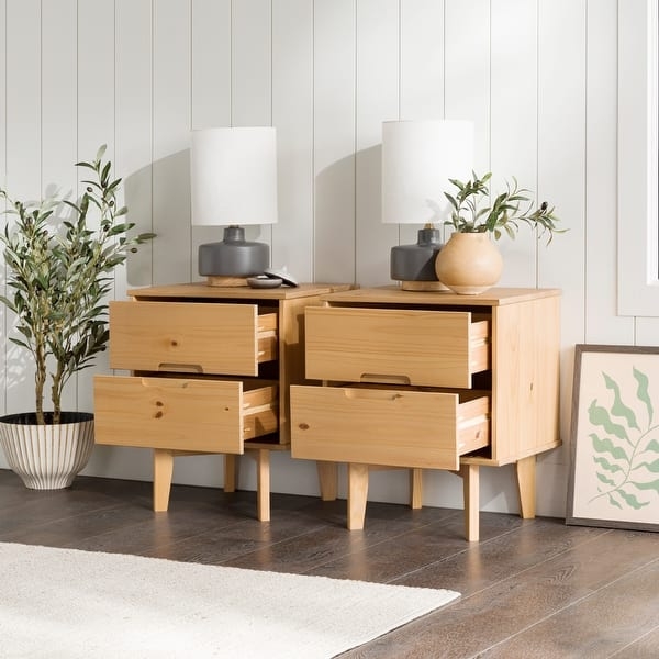Nightstand Warm Wood Satin Finish Tapered Legs Cutout Handles
