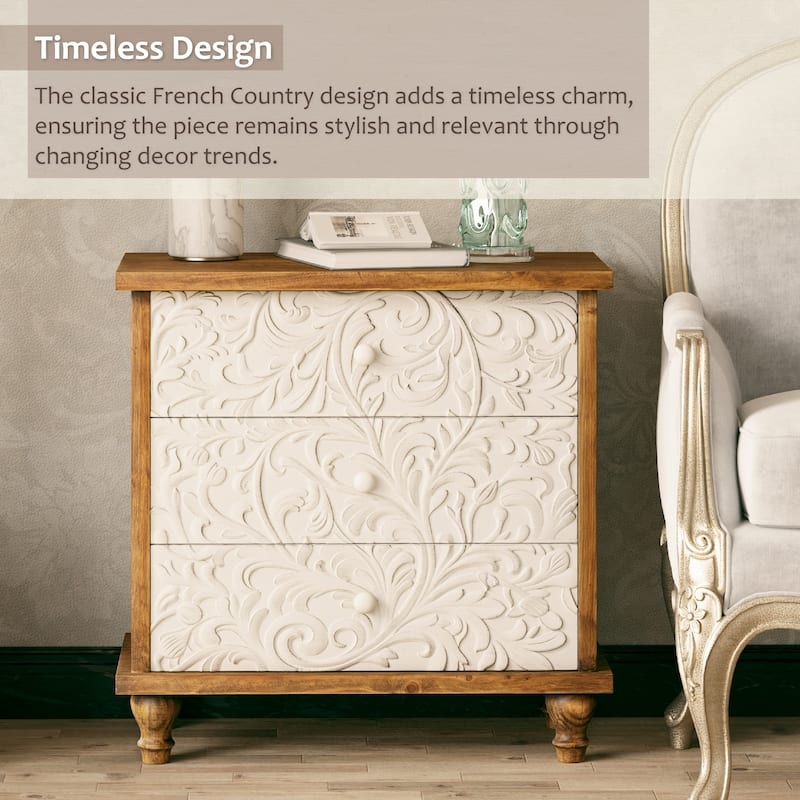 Nightstand Weathered Whitewash Embossed Flower Motif Farmhouse Decor