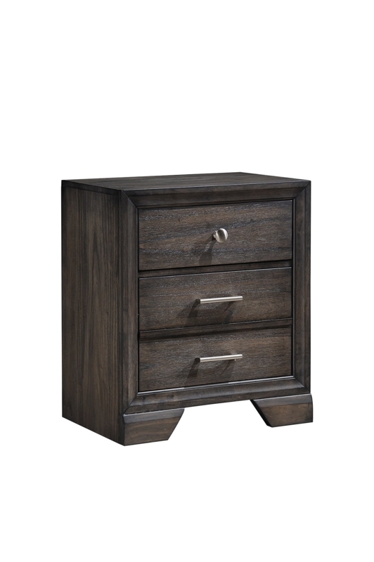 Nightstand Weathered Wood Grain Finish Silver Bar Pulls Transitional