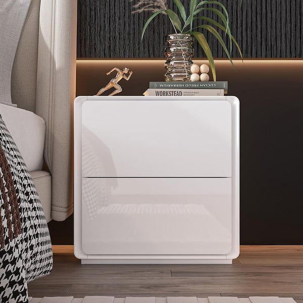 Nightstand White Glossy, Blue LED Lighting, Two Handleless Drawers.