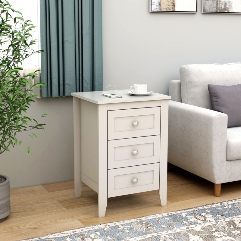 Nightstand, White Minimalist With Charging Station And Gold Knobs