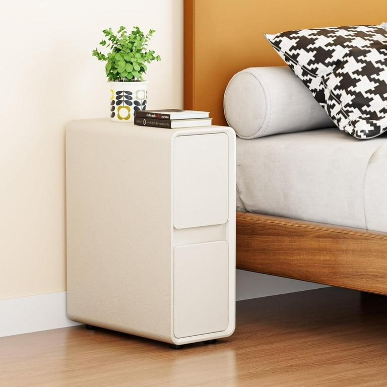 Nightstand White Narrow Slim Profile Ring Pulls Tapered Legs