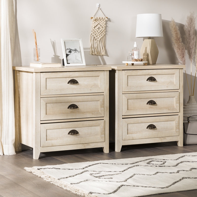 Nightstand White Oak Recessed Panels Three Drawers Cup Pulls Classic
