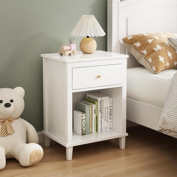 Nightstand White Open Shelf Bottom Drawer Wood Tapered Legs Minimalist