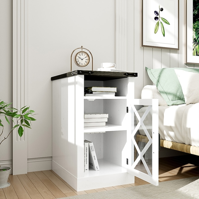 Nightstand White Rattan Drawer with Charging Station