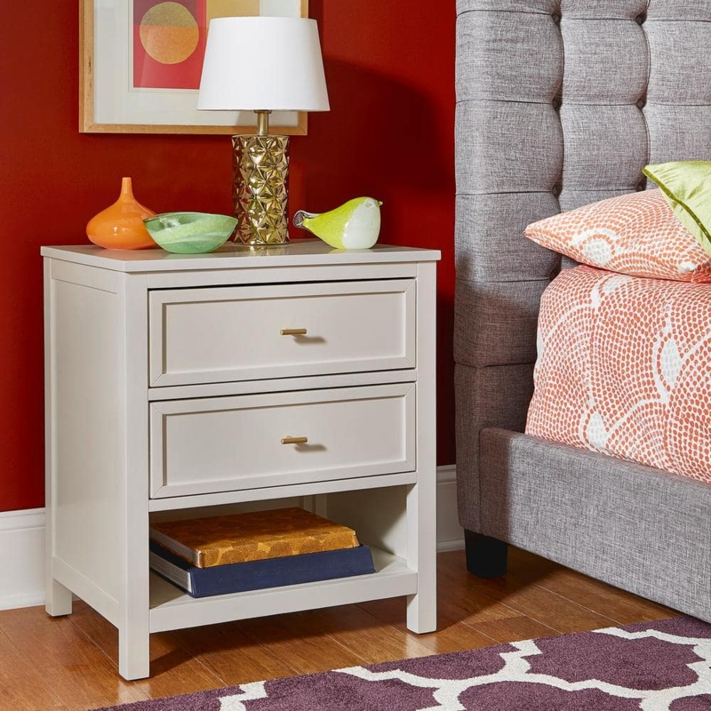 Nightstand White Semi-Gloss Silver Handles Contemporary Bedroom