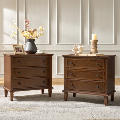 Nightstand White Three Drawers Built-In Charging Station Tapered Legs