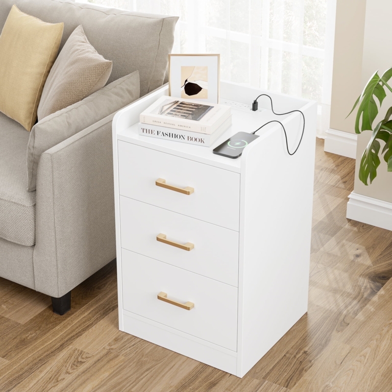 Nightstand White Three Drawers Gold Pulls Charging Station Bedside Table