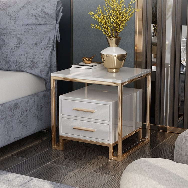 Nightstand White Two-Drawer Gold Crescent Base Ring Pulls