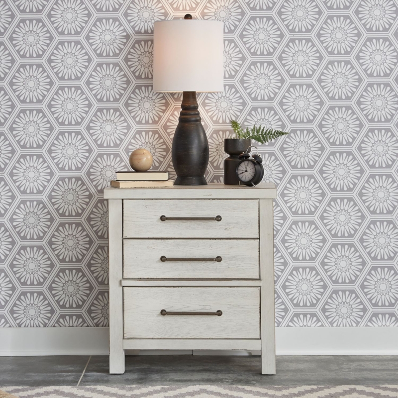 Nightstand White Two Tone Wood Top Silver Cup Pulls Three Drawer