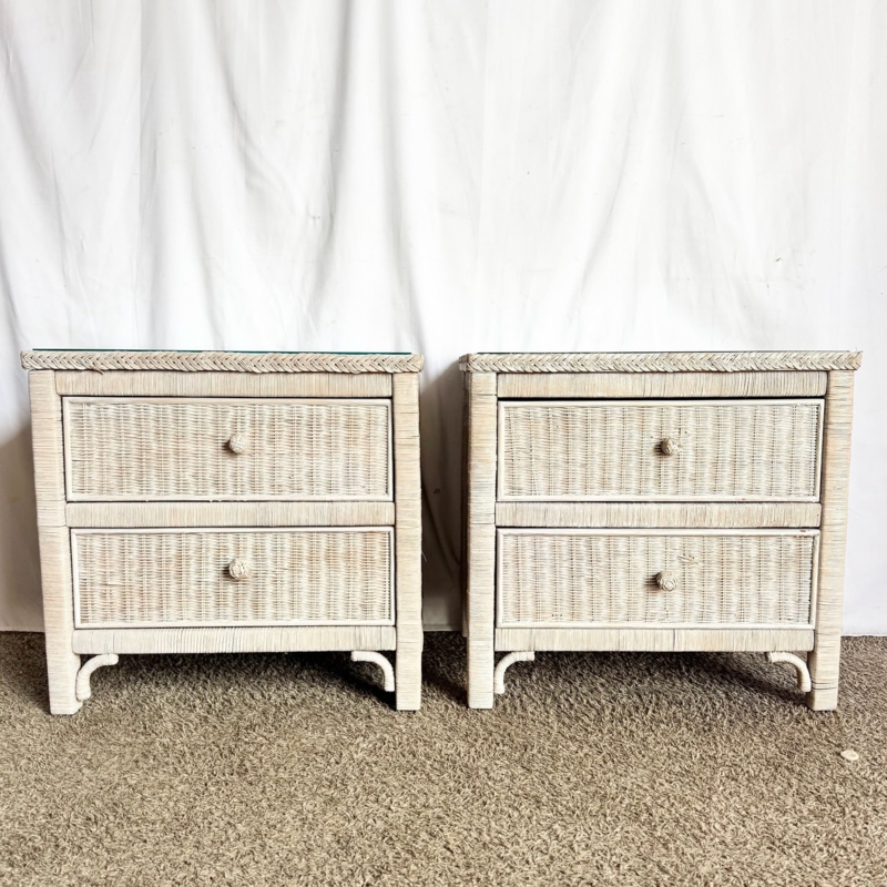 Nightstand Whitewashed Wicker Scalloped Apron Glass Top Vintage Set