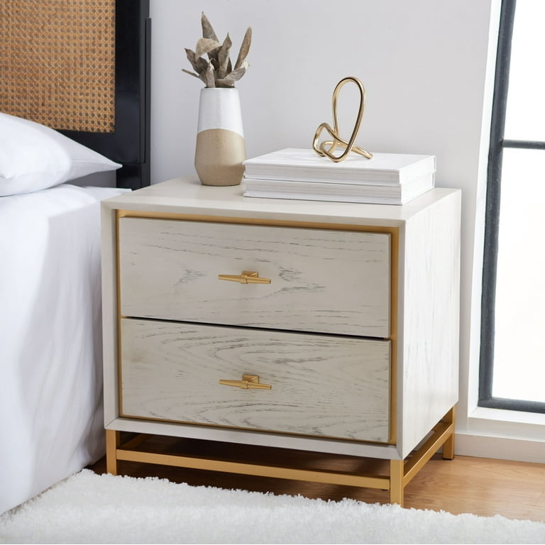 Nightstand Whitewashed Wood Brass Drawer Fronts Glam Style