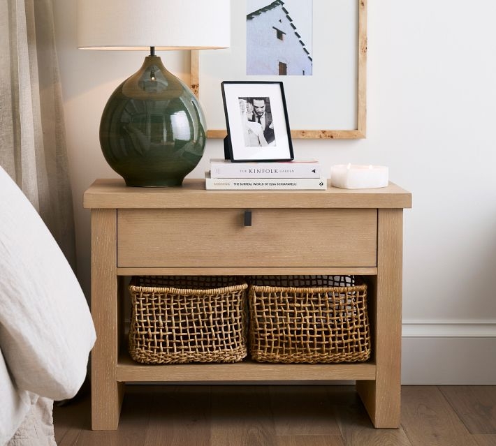 Nightstand Wide Profile Charcoal Finish Two Drawers Open Shelf Modern