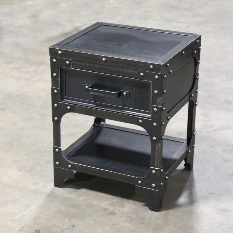 Nightstand with Black Metal X-Frame and Wood-Toned Drawer