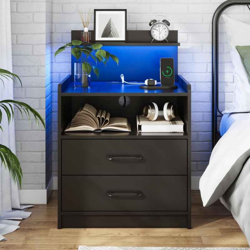 Nightstand with Blue LED Accents, Matte Black Finish, Charging Station