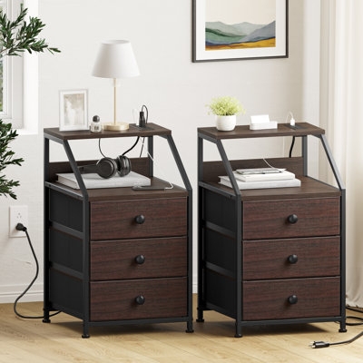 Nightstand with Built-in Charging Station, USB Ports, and Three Drawers