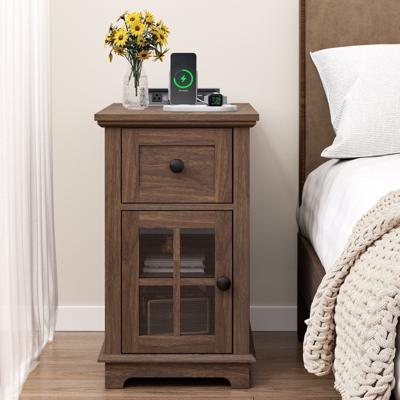 Nightstand with Built-In Charging Station, Walnut Finish, Tapered Legs