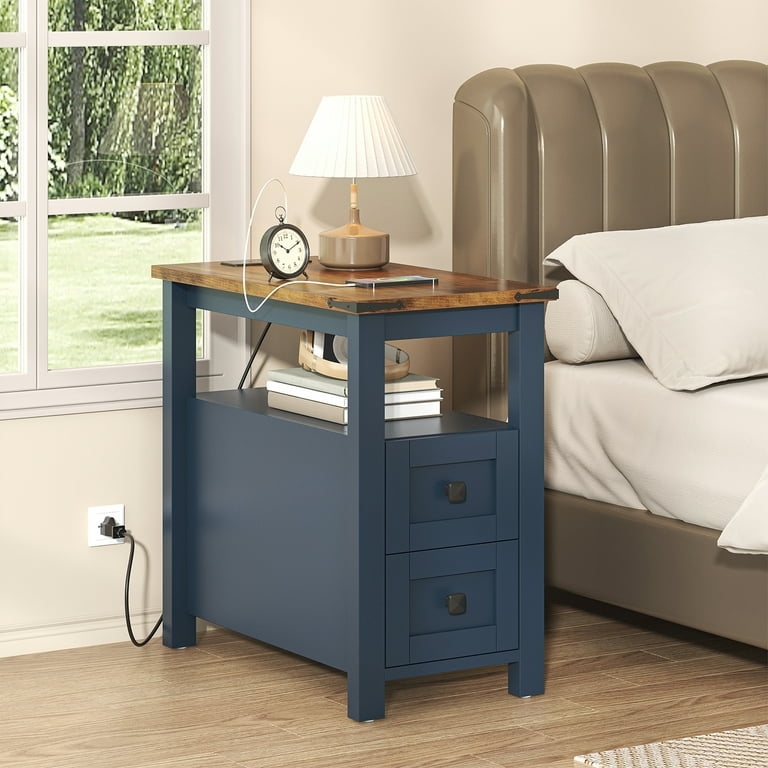 Nightstand with Built-In Outlets Modern Farmhouse Blue & Wood Frame
