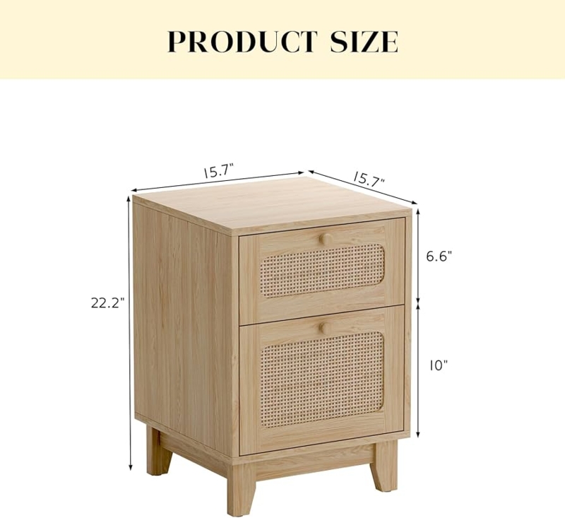 Nightstand with Built-In Power Outlet Scandi Legs Rattan Drawer