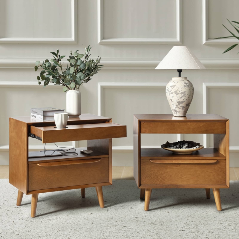 Nightstand with Built-in Power Outlets and Acorn Wood Finish