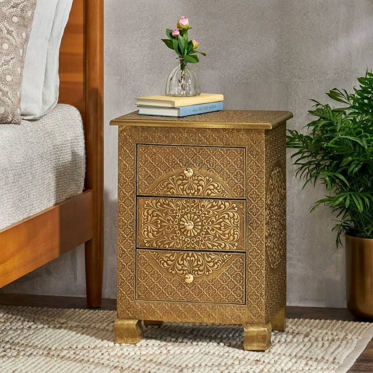 Nightstand with Carved Mandala Design in Metallic Gold Finish