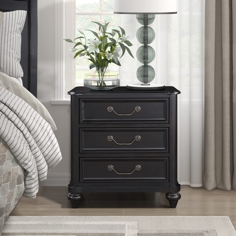 Nightstand with Charcoal Brown Finish, Sophisticated Dark Brown Bedroom