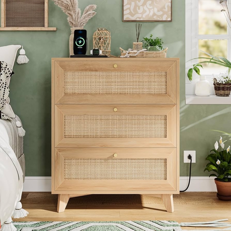 Nightstand with Charging Station: 3 Rattan Drawers, Natural Finish