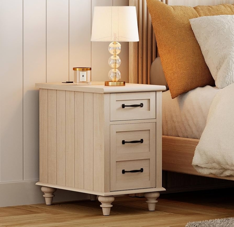 Nightstand with Charging Station, Fluted Door & Drawer, Gold Hardware