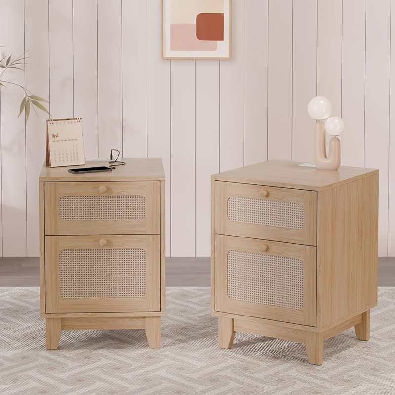 Nightstand with Charging Station Natural Wood Boho Modern Bedroom
