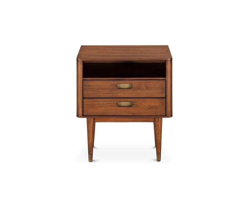 Nightstand with Circular Cutouts Tapered Legs Light Wood Bedside Table