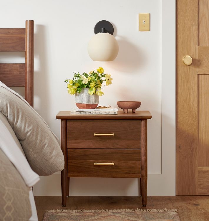 Nightstand with Dark Bronze Metal Sled Base and Walnut Finish