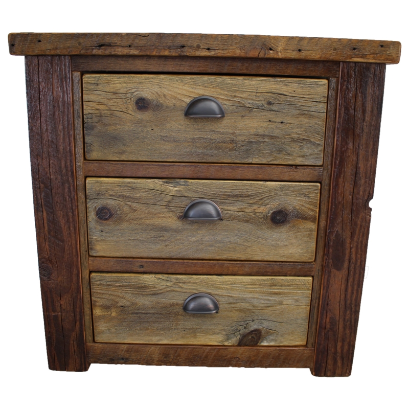 Nightstand with Distressed Saw Marks, Three Drawers, and Cup Pulls.