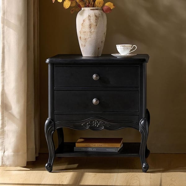 Nightstand with Dual Drawer Storage, Charcoal and Gold