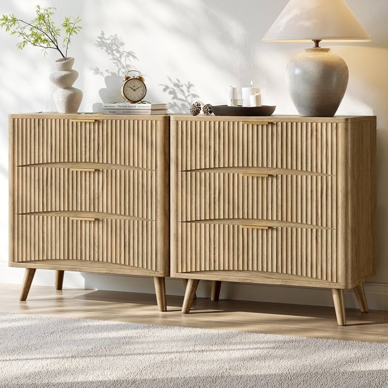Nightstand with Fluted Drawer Fronts and Tapered Oak Legs Modern