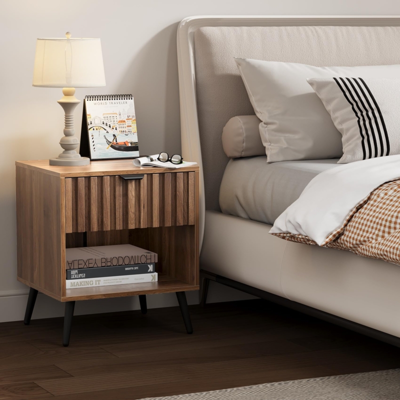 Nightstand with Fluted Walnut Front and Metal Legs
