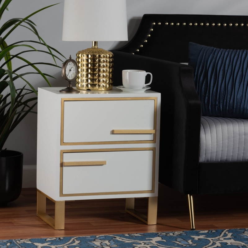 Nightstand with Gold Metal Base and Rectangular Pulls