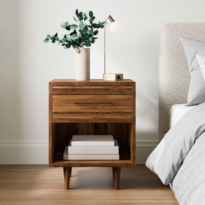 Nightstand with Herringbone Pattern & Metal Legs, Reclaimed Wood Style