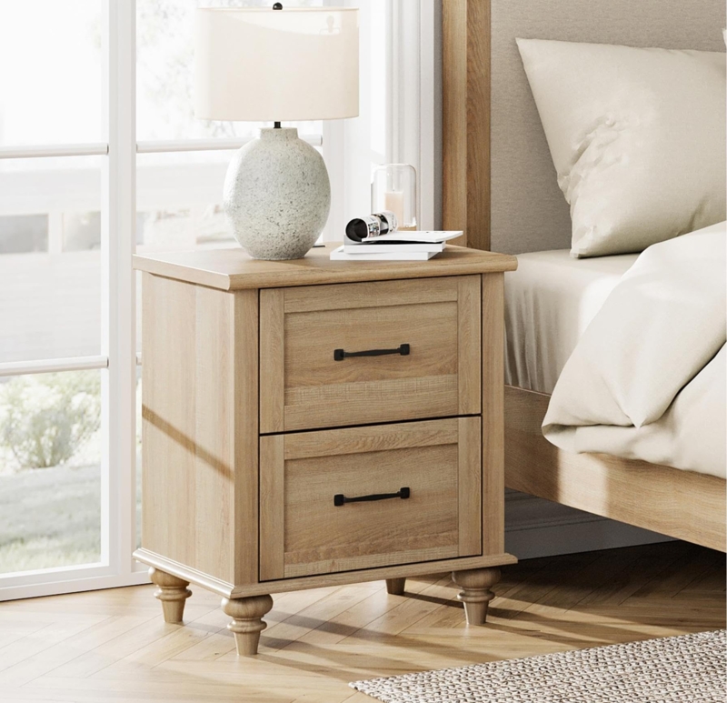 Nightstand with Integrated Charging Station in Light Oak Farmhouse Style