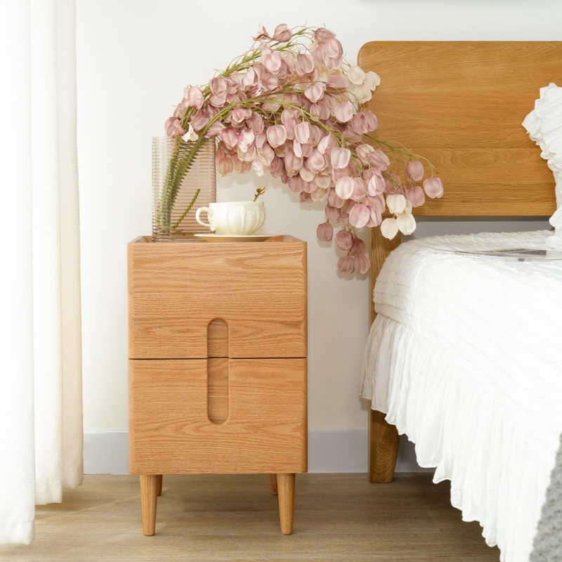 Nightstand with Narrow Profile, Rounded Edges, and Two Drawers