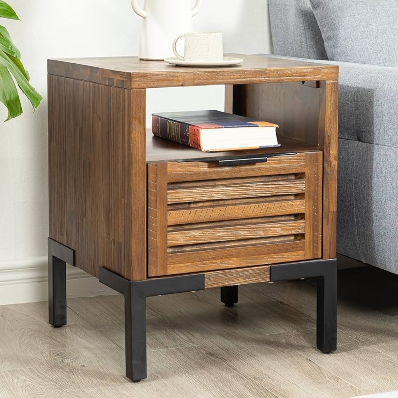 Nightstand with Open Cubby Shelf, Two Wood Drawers, Slim Metal Legs